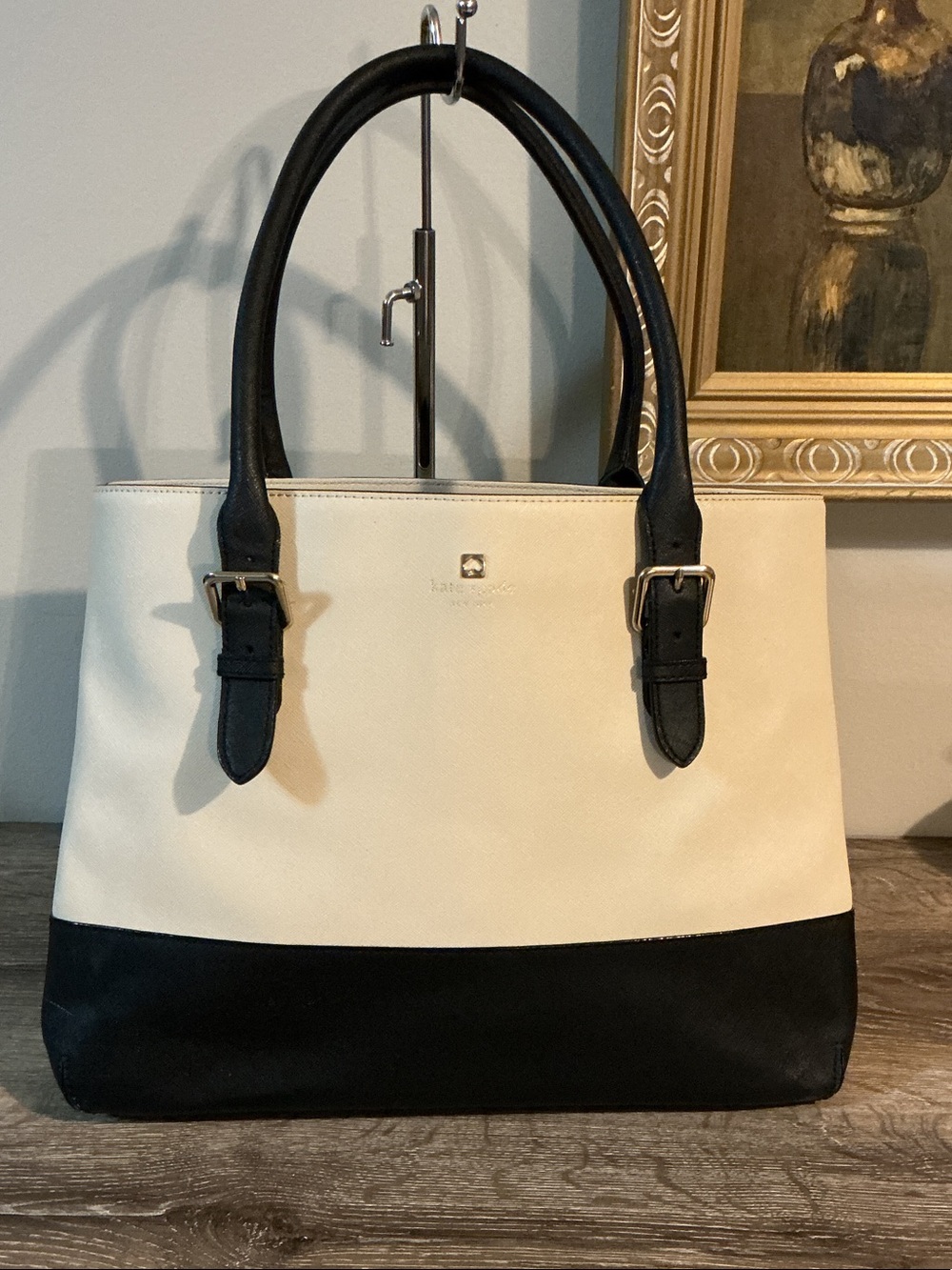 kate spade NY Cove Street Colorblock Airel Cream and Black Satchel Tote EUC
